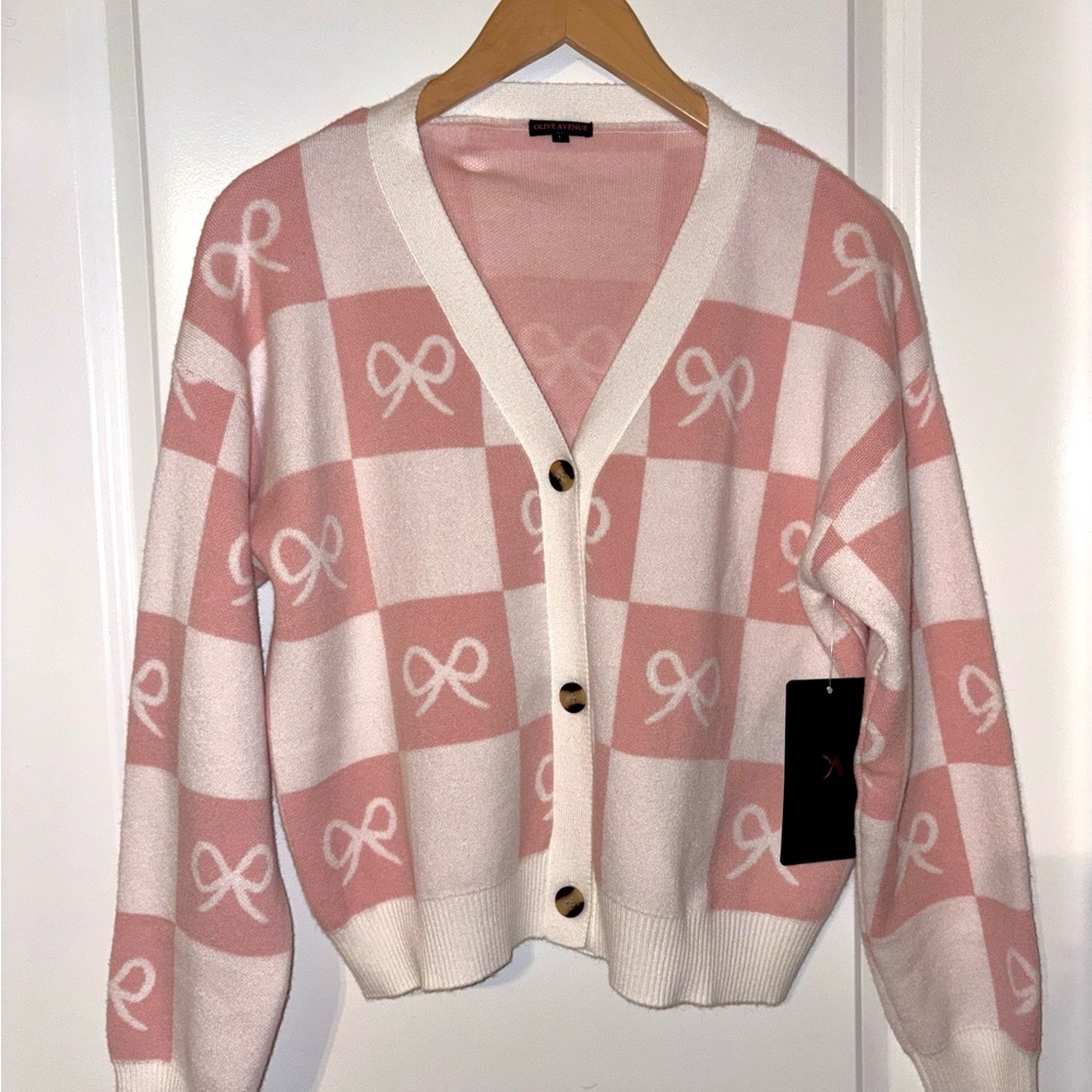 NWT Olive Avenue Pink Bows Button Down Sweater Cardigan LRG